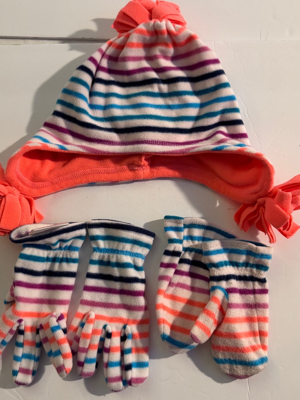 Crazy 8 Striped Hat, Mittens & Gloves Set - Coral, Blue, Purple, Navy, White